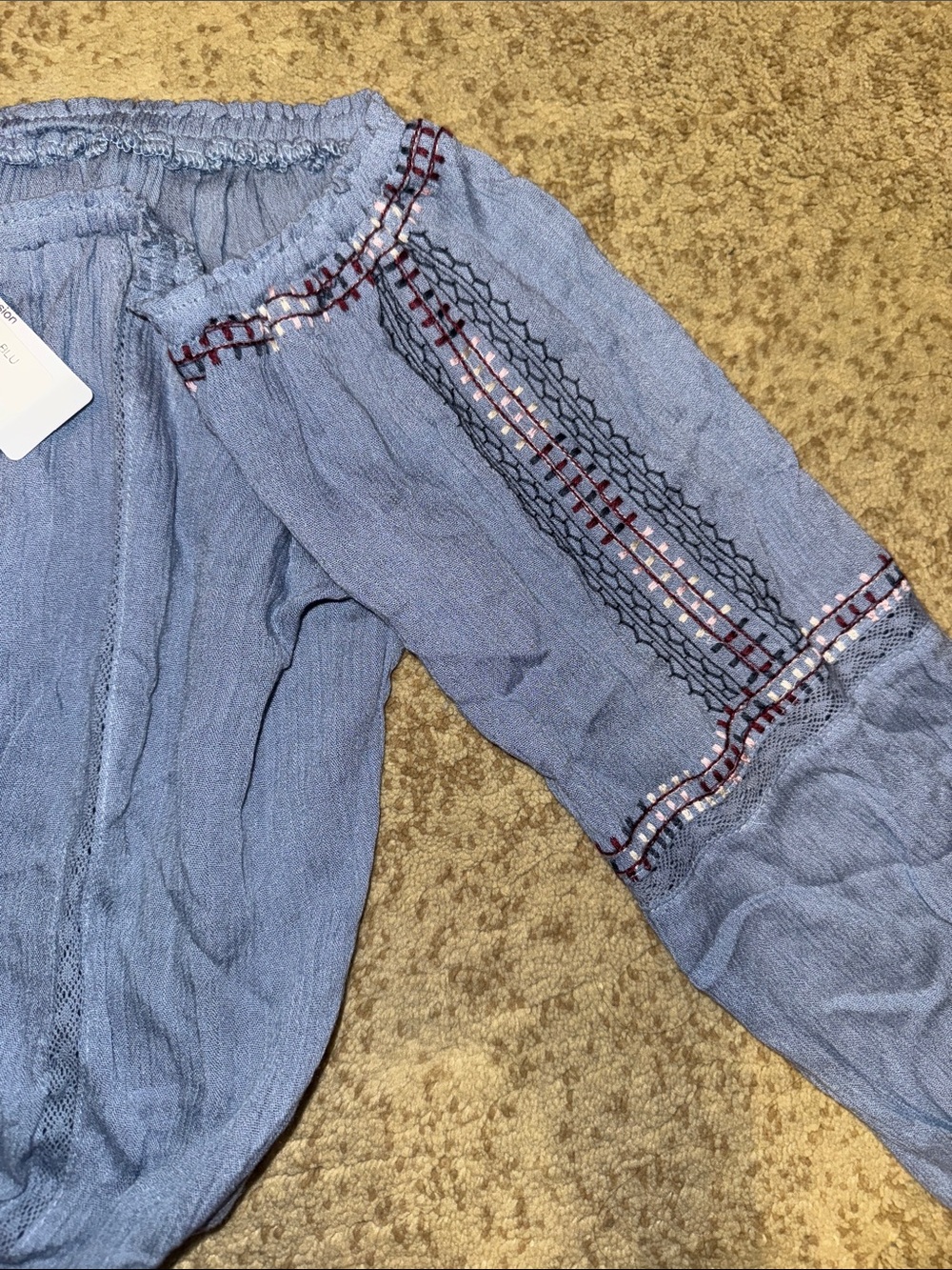 NWT Light Blue Pookie & Sebastian Off-Shoulder Peasant Top - Picture 4 of 5